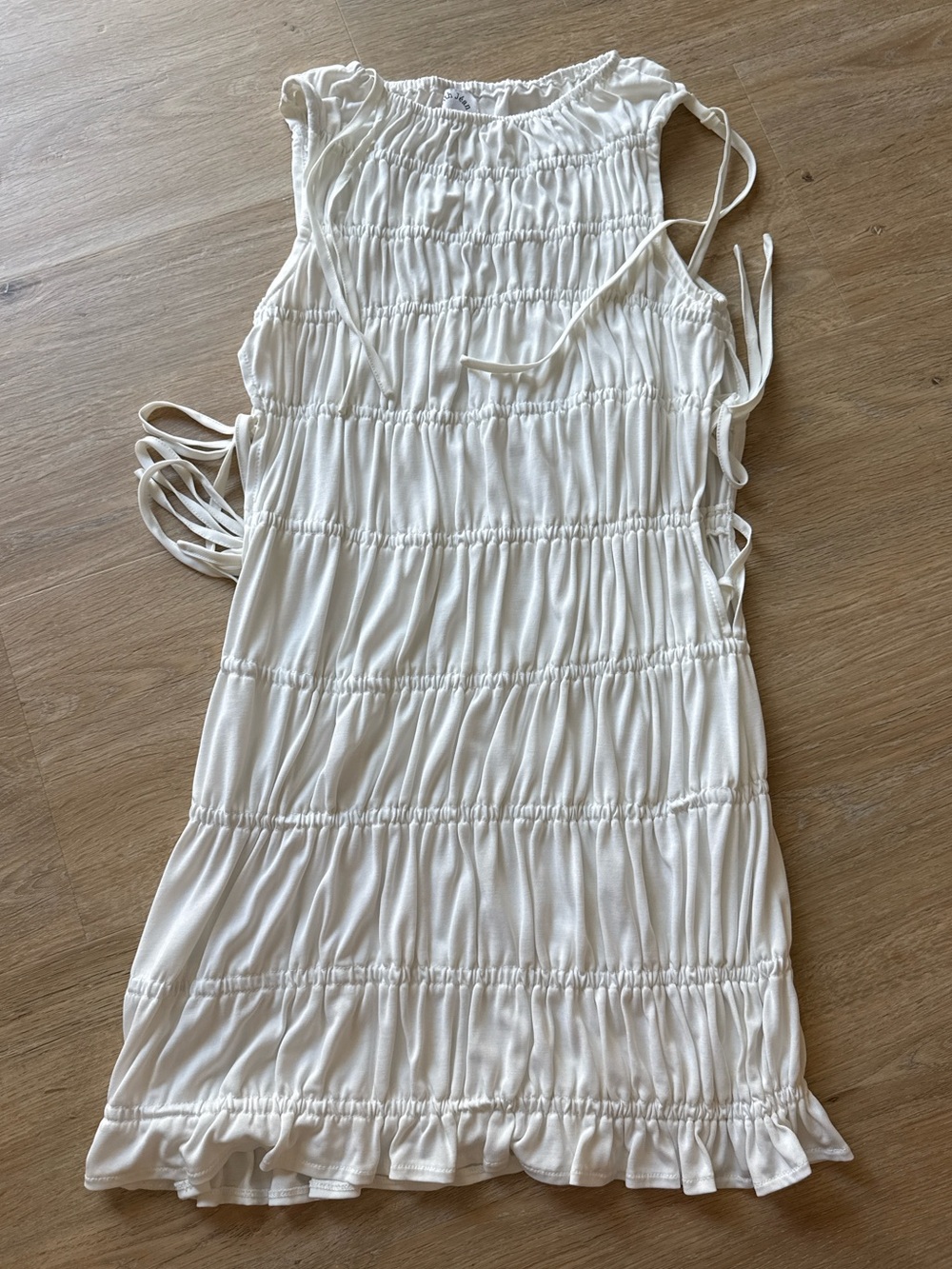 With Jean White Smocked Mini Dress with Side Ties XS